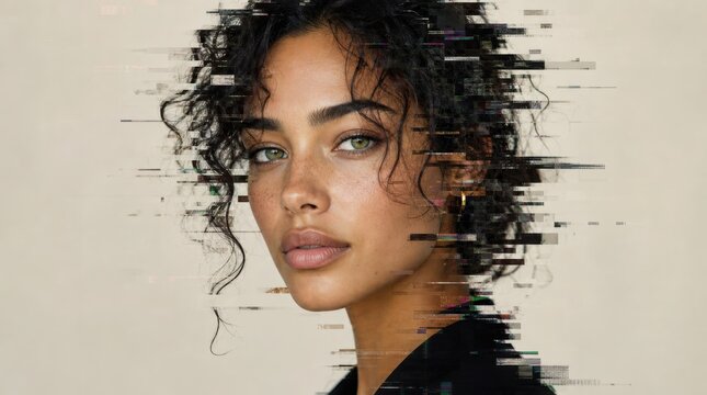 A portrait of a woman with curly hair and green eyes, digitally distorted with glitch effects blending her face into abstract pixelated fragments.