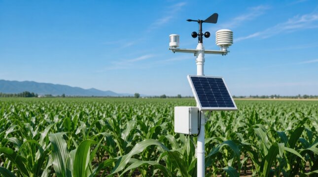 Weather station with solar panel and instruments in a green cornfield under a clear blue sky.