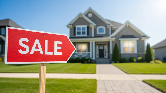 Red directional sale sign in focus with a large contemporary family home, green grass lawn, and walkway in a suburban neighborhood under a clear blue sky during the day.