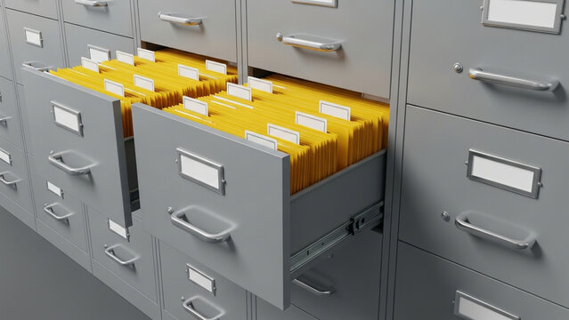 Gray metal filing cabinets with two open drawers displaying rows of yellow manila folders with white labels for document organization and archival storage management.