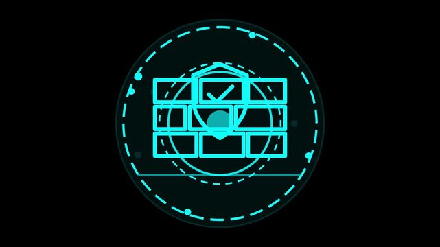 Visually striking high-tech digital interface displaying a data grid with an active checkmark, symbolizing secure system validation, successful process completion, and network integrity