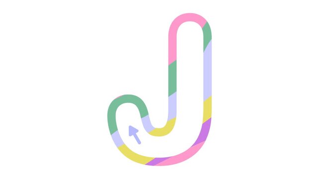 Capital letter J writing animation with direction arrows on a white background. Educational video asset for kids, preschool, and kindergarten students learning handwriting, alphabet tracing, and ABCs.