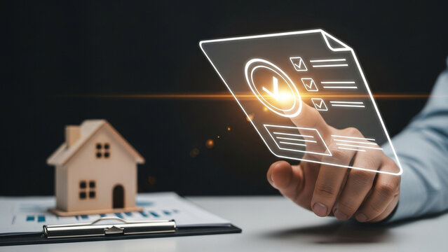Digital real estate appraisal concept with person touching virtual checklist hologram; wooden house model on clipboard with documents for property inspection and valuation.