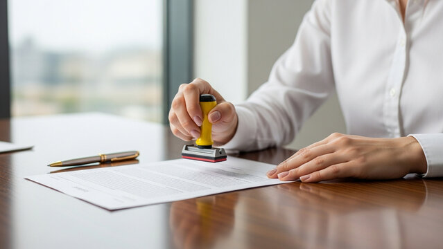 Close-up of a businesswoman's hands using a yellow rubber stamp on a legal document or contract on a wooden desk in an office, representing notary public and official certification.