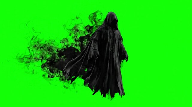 Silhouette of woman dancing with flowing black dress on a green screen background