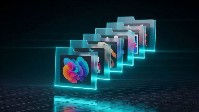 3D digital illustration of glowing cyan translucent file folders containing colorful abstract imagery, arranged in a diagonal row on a dark reflective grid surface.