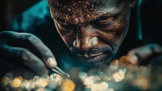 Focused artisan examining precious stones with great care. This captivating craftsmanship showcases the art of gem cutting and the beauty of gemstones in detail. Generative AI