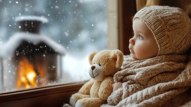Adorable Baby Gazing Out the Window with a Teddy Bear on a Snowy Day Cozy Fireplace Warmth. Baby and Teddy Bear Together for Heartwarming Moments. Generative AI
