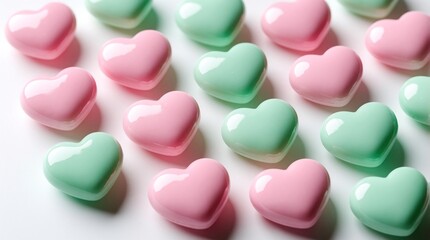Obraz premium Rows of pastel pink and mint green heart shaped candies sit on a white surface. This sweet arrangement is perfect for Valentine Day, love, or sweet treat themes.