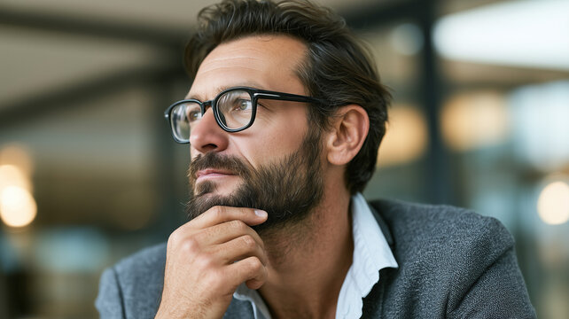A medium shot of a professional man with dark brown hair, a neat beard, and black framed glasses. he is turned in profile, looking towards the left. Ai generat
