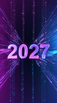 Bright new new 2027 numerals glow blue neon light streaks digital waves radiate dark futuristic scene. New Year countdowns, 19 launches, event openers, cyber promos, modern celebration videos.