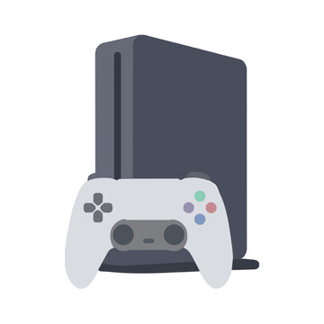 Hand-traced vector illustration of a sleek gaming console with a wireless controller featuring colorful action buttons and a directional pad in a flat minimalist style on white background