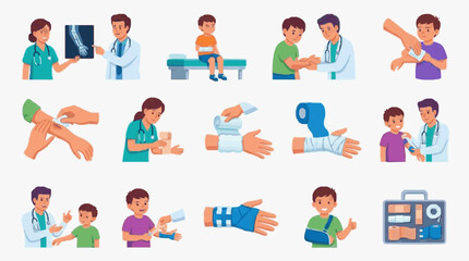 Fototapeta premium Sleek Illustrated Guide to Pediatric First Aid and Medical Procedures with Colorful Characters and Tools