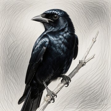Detailed black drongo sketch on tree branch. Hand drawn bird illustration with realistic feathers, sharp beak, dark plumage. Monochrome avian artwork shows wildlife profile in vintage style.