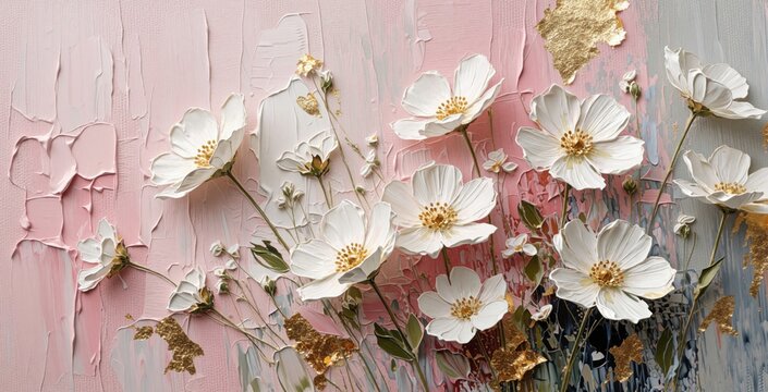 Thick oil paint texture forms abstract pink canvas with white flowers, delicate gold leaf accents. Painterly style artwork blends nature and art for elegant design.