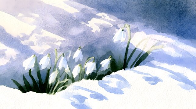 Serene snowdrop illustration captures spring's gentle awakening within a tranquil forest landscape