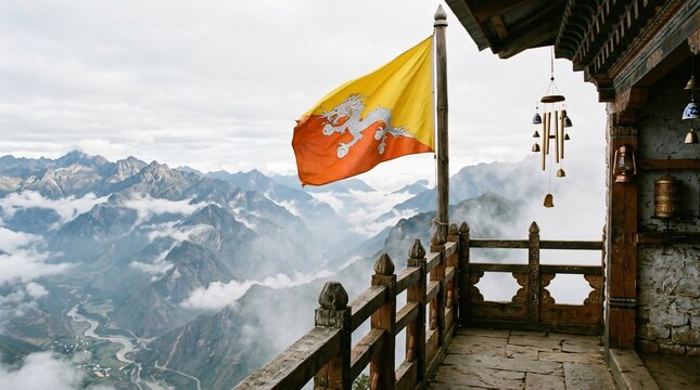 Bhutan flag waving on a mountain monastery balcony overlooking a scenic Himalayan valley, mist, and peaks.