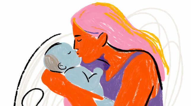 A colorful digital painting shows a mother with bright pink hair holding and tenderly kissing a small baby in her arms.