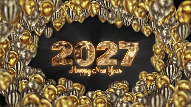 Metallic balloons gold silver party frame 2027 New Year text. celebration gala invitations, countdown displays, festive advertisements, anniversary events, broadcast intros, premium greetings.