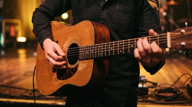 Musician playing acoustic guitar on stage with warm lighting, live concert performance, musical instrument closeup, artistic atmosphere, entertainment industry, rock or folk music