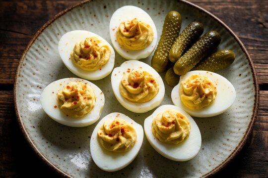Plate of deviled eggs with pickles sits on wooden table. Appetizer made from hard boiled eggs halved filled with creamy yolk mixture topped with paprika seasoning.