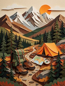 Paper collage art shows mountain hiking adventure. Camping gear including backpack, boots, tent, map, compass lies on forest trail. Scenic landscape with pine trees, high snowy peaks, orange sun