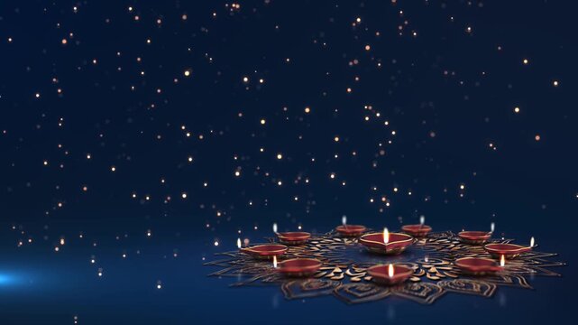 Warm oil lamps glow ornamental mandala golden particles float spacious setting. Deepawali wishes, spiritual presentations, puja cultural advertisements, festive invitations, devotional backgrounds.