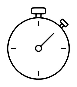 Hand-traced minimalist vector line icon of a classic round stopwatch self-timer clock with side button and central hand, ideal for timing and countdown illustration
