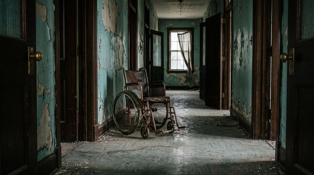 Abandoned industrial machinery in dimly lit derelict factory hallway with peeling walls and decay