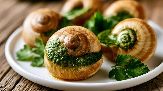 Glistening escargots on a plate evoke French cuisine elegance and rich culinary indulgence