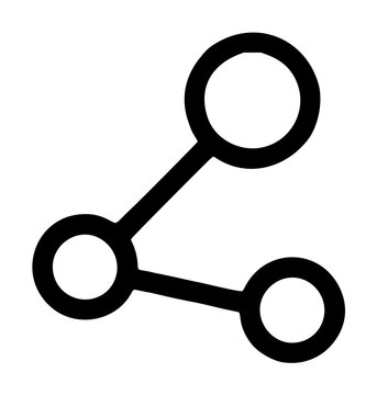 Minimalist black hand-drawn share network vector icon with three connected circular nodes forming a branching digital link diagram on white background