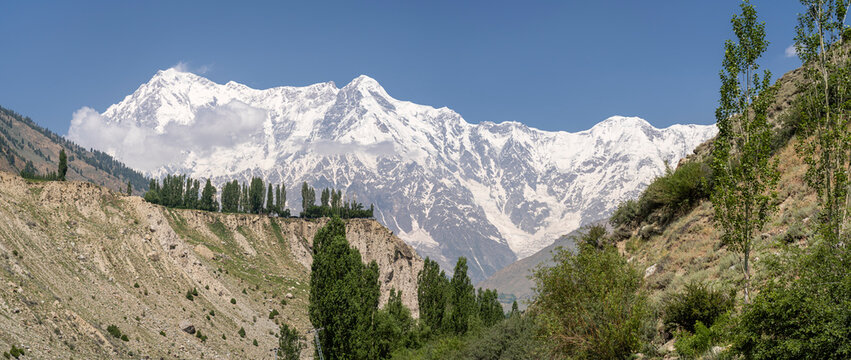Scenic summer landscape panorama of mighty Nanga Parbat seen from Tarishing valley, Astore, Gilgit-Baltistan, Pakistan