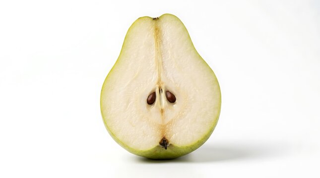 Fresh sliced green pear half isolated on white background for healthy food photography