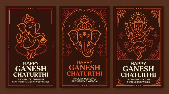 Happy Ganesh Chaturthi greeting cards set with ornate Lord Ganesha line art illustrations.