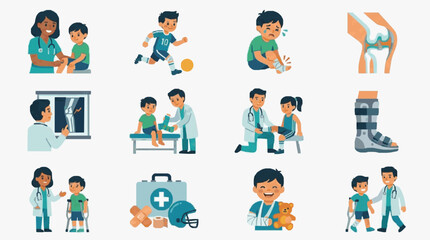 Fototapeta premium Sleek Illustrated Guide to Pediatric Orthopedic Care and Sports Injury Recovery Journey with high quality professional line art symbols for modern creative design and digital branding projects