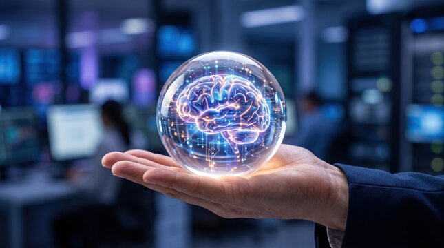 Futuristic artificial intelligence brain inside glowing sphere held in hand, digital neural network and machine learning technology visualization for innovation and business