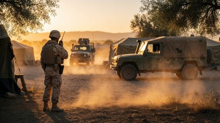 Fototapeta premium Soldier in desert uniform speaks on radio. Military vehicles and tents visible. Dust blows in warm sunset light. Post offers security and communication.