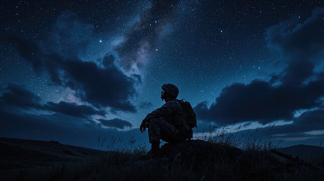 Silhouetted soldier sits on rock under vast milky way galaxy. Military man looks at starry night sky with deep contemplation. Lone army warrior rests amidst dark clouds, cosmos, reflecting on duty,