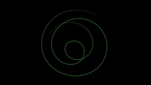 Abstract green dotted circles rotating on black background circle dot shape
