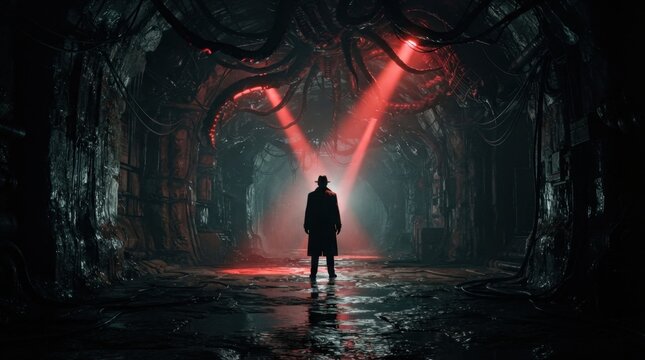 Silhouette in Dark Industrial Tunnel with Red Lasers