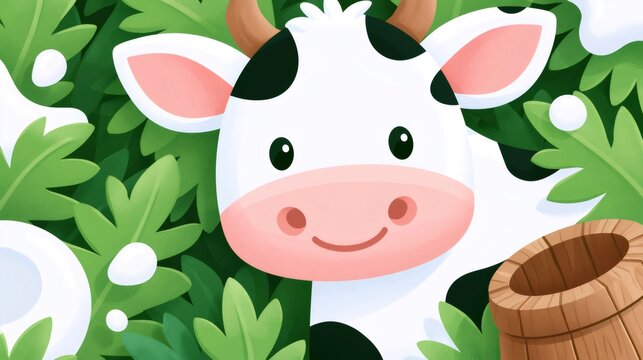 Cute cartoon cow peeking from green leaves with milk