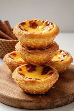 Stack of Portuguese egg tarts Pastel de Nata on wooden board. Golden custard pastry with flaky crust sits near cinnamon sticks in basket. Delicious sweet dessert from bakery served as tasty breakfast