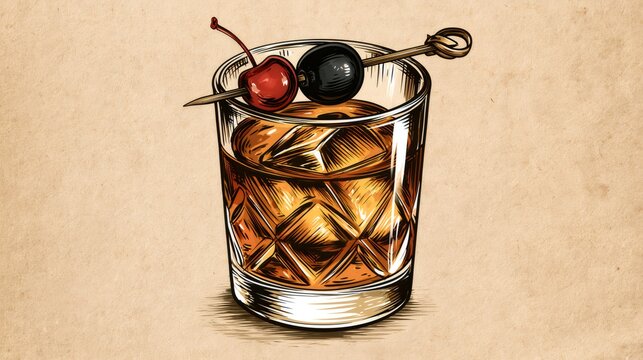 Old fashioned cocktail in vintage etching style