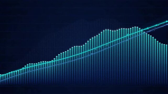 Digital stock market chart with upward trend and volume bars on dark background