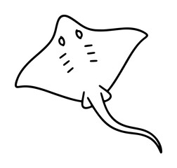 Hand drawn black outline vector illustration of a smiling ray fish with a wide flat body, expressive eyes, and a long slender tail, simple cartoon marine life icon sketch style © Mowsumi