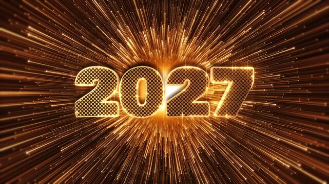 Brilliant 2027 numerals shine radial explosion luminous golden trails. premium New Year intros, countdown finales, party screens, celebration advertising, broadcast openers, event titles, festive