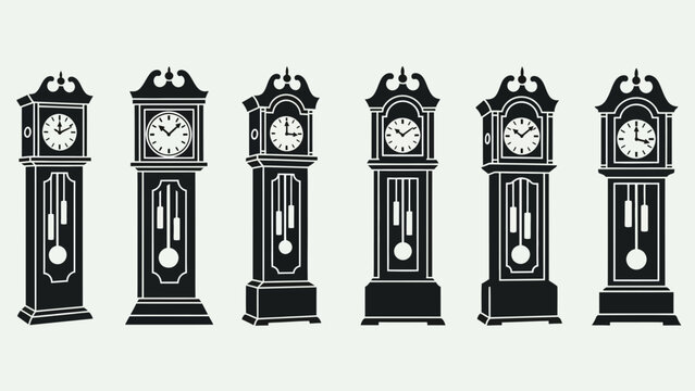 Vintage grandfather clock and antique pendulum floor clock silhouettes.