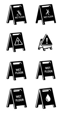 Wet floor caution and safety warning signs.
