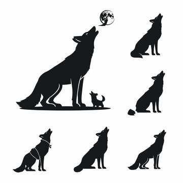 Wolf silhouettes in howling, sitting, and standing profiles.