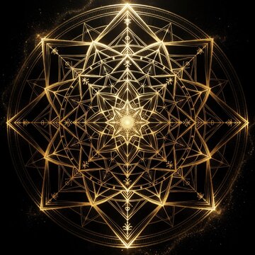 Golden mystical mandala with complex geometric patterns on black background. Ancient occult sigil design shows sacred geometry, alchemy symbols. Glowing spiritual symbol features intricate lines,